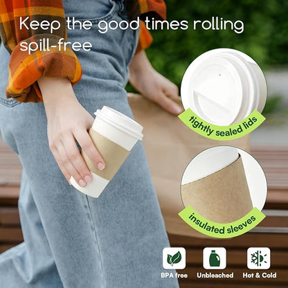 Paper Cups 12 oz Disposable Coffee Cups with Lids and Sleeves,100 Pack To Go Hot Cups with Lids & Kraft Sleeves, BPA Free Leak Proof Disposable Cups for Everyday Use Cafe Office Coffee Bar Essentials