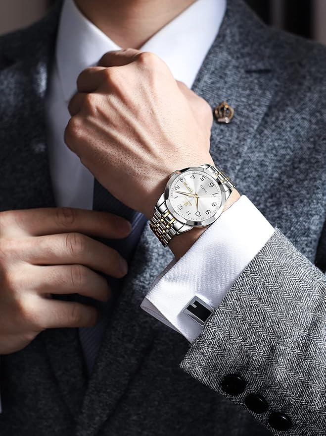 OLEVS Watch for Men Luxury Dress Analog Quartz Stainless Steel Waterproof Luminous Date Diamond Business Two Tone Casual Wrist Watch