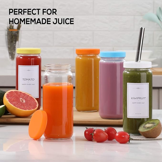 8 Pack Glass Juicing Bottle Drinking Jars with 2 Straws & 2 Lids w Hole- 16 OZ Travel Water Cups with Colored Airtight Lids, Reusable Tall Mason Jar for Juice, Bubble Tea, Smoothie, Tea, Kombucha