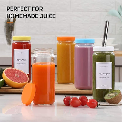 8 Pack Glass Juicing Bottle Drinking Jars with 2 Straws & 2 Lids w Hole- 16 OZ Travel Water Cups with Colored Airtight Lids, Reusable Tall Mason Jar for Juice, Bubble Tea, Smoothie, Tea, Kombucha