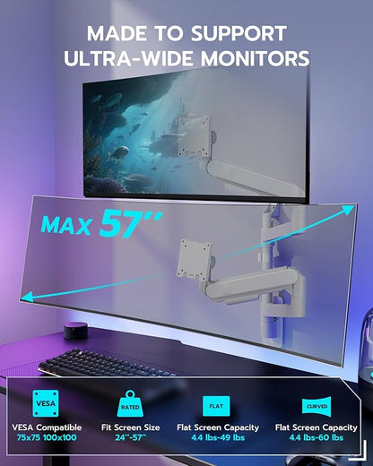 ARES WING Dual Monitor Wall Mount for 24-57 Inch Ultrawide Screens, Premium Heavy Duty Monitor Arm Holds 60 lbs, Full Motion Gas Spring, Bearing Head for Easy Adjustment, 75/100 VESA Mount, White