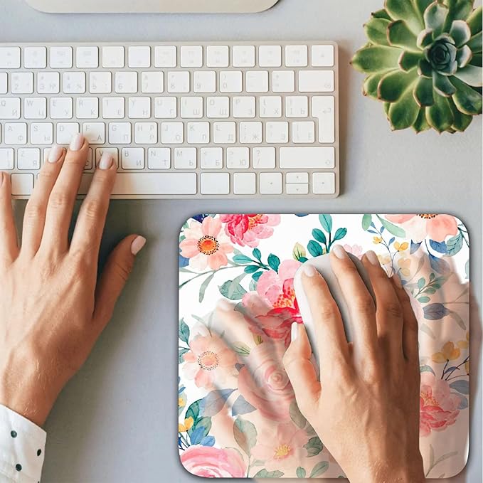 Watercolor Pink Flower Patterns Desk Mat, Large Gaming Mouse Pad Non-Slip Rubber Base with Stitched Edges, Waterproof Protection for PC Laptop Home Office Desk Decor (8x9in)