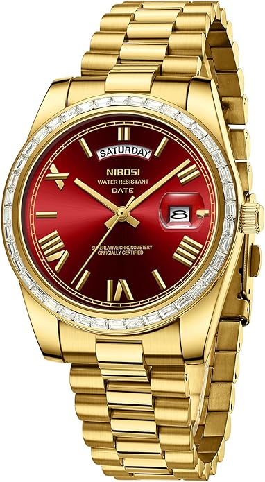 NIBOSI Men's Watches Analog Quartz Diamond Bezel Stainless Steel Dial Rose Gold Silver Watches for Men Waterproof Business Classic Dress Wrist Watch with Day Date