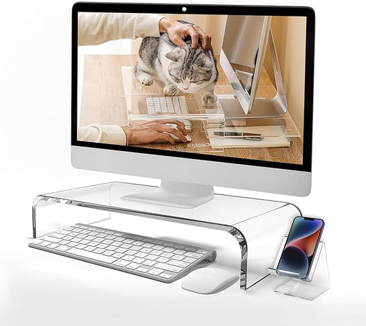 Premium Acrylic Monitor Stand, Extra-Wide Clear Computer Riser 20"x10"x4" – Laptop Stand, Desktop Organizer for Office & Home, TV, Printer, iMac, Laptop – Bonus Acrylic Phone Holder