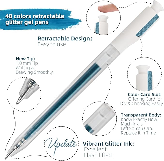 48 Colors Retractable Glitter Gel Pens, Colored Gel Pens, For Artists Coloring Books Drawing Journaling Doodling Writing Back to School Supplies