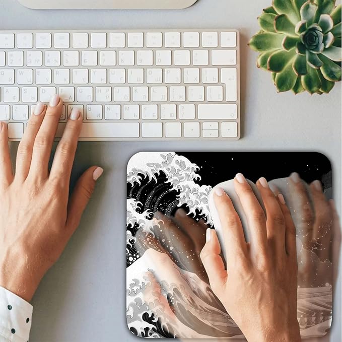 Black Wave of Kanagawa Patterns Desk Mat, Large Gaming Mouse Pad Non-Slip Rubber Base with Stitched Edges, Waterproof Protection for PC Laptop Home Office Desk Decor (8x9in)