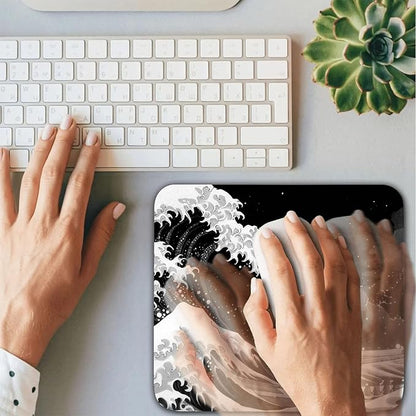 Black Wave of Kanagawa Patterns Desk Mat, Large Gaming Mouse Pad Non-Slip Rubber Base with Stitched Edges, Waterproof Protection for PC Laptop Home Office Desk Decor (8x9in)