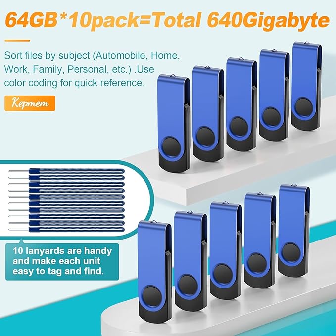 Kepmem 8GB USB 2.0 Thumb Drive 10 Pack - Blue Swivel Keychain Design Pendrive with 10pcs Ropes