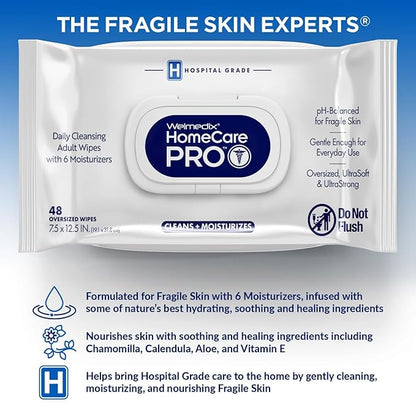 Homecare Pro Oversized Daily Cleansing Adult Wipes With 6 Moisturizers Wet Cleansing, Rinse Free, Bathing Wipes, Hospital Grade pH Balanced for Fragile Skin - | 48 Count XL |- 2 Pack