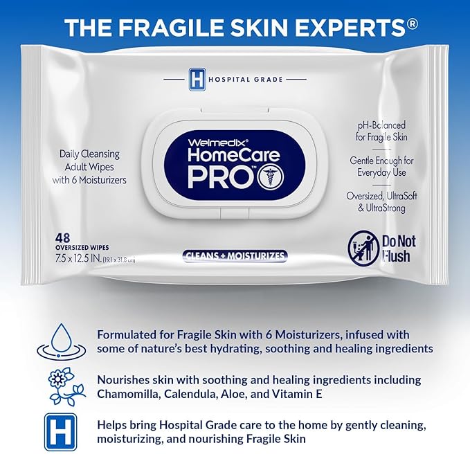 Homecare Pro Oversized Daily Cleansing Adult Wipes With 6 Moisturizers Wet Cleansing, Rinse Free, Bathing Wipes, Hospital Grade pH Balanced for Fragile Skin - | 48 Count XL |- 12 Pack