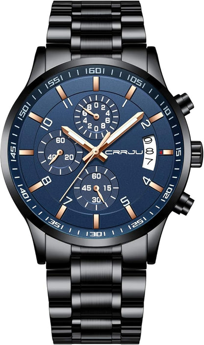 CRRJU Men's Fashion Stainless Steel Watches Date Waterproof Chronograph Wristwatches,Black Steel Band Waterproof Quartz Watch for Men