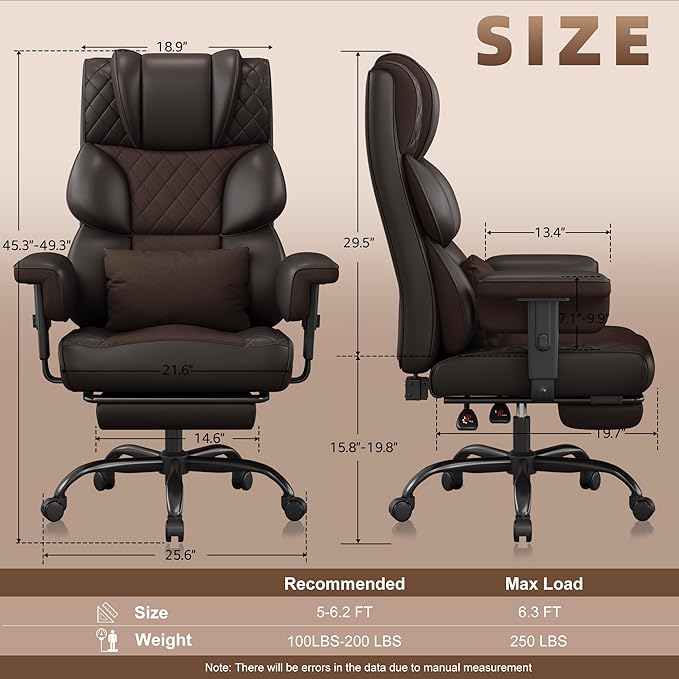 Vonesse Big and Tall Office Chair, Computer Chair with Soft Adjustable Armrests, Ergonomic High Back Gaming Chair with Lumbar Support, Executive Chairs with Footrest (PU Leather + Mesh Fabric,Brown)