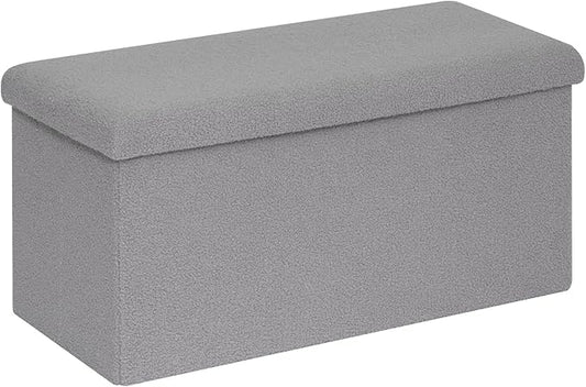 PINPLUS Folding Storage Ottoman Bench, Sherpa Ottoman with Storage, Large Long Shoes Bench Chest with Lid, Footrest for Living Room, Entryway, Grey 30'' x 15'' x 15''