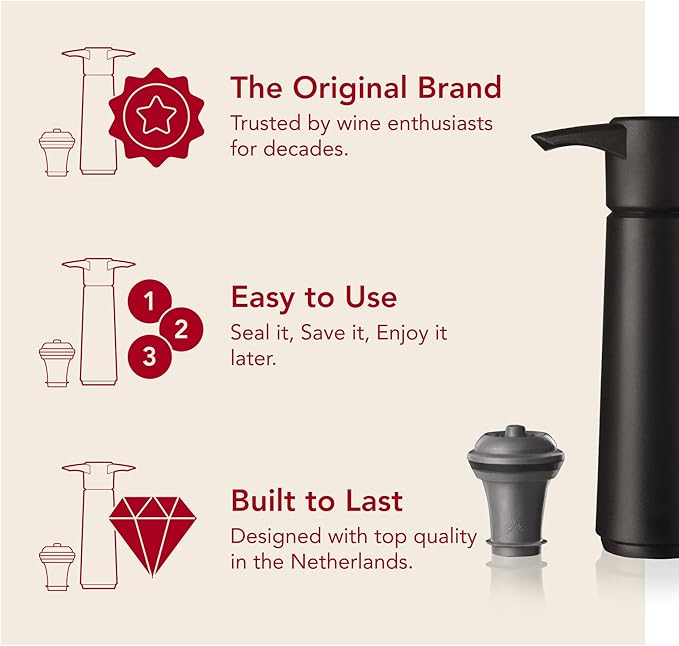 Vacu Vin Original Wine Saver with 4 Vacuum Bottle Stoppers – Black Wine Preserver Pump for Red or White Wine – Manual Air Remover System – Airtight Seal – Keep Wine Fresh Longer