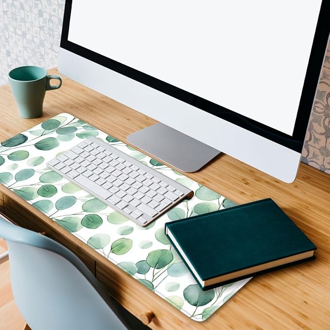 Eucalyptus Leaves Desk Pad Mouse Pad Watercolor Green Botanical Mousepad XL Large Gaming Mouse Pad Laptop Keyboard Mat Desk Pad 31.5"x11.8"