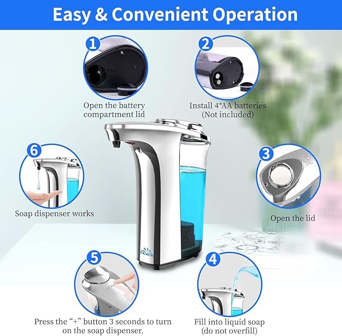 FKWin Automatic Soap Dispenser, Touchless Sensor Hand Soap Dispenser 17oz/500ml, 5 Adjustable Dispensing, Wide Opening Refillable Reservoir, Battery Powered for Bathroom & Kitchen – Silver