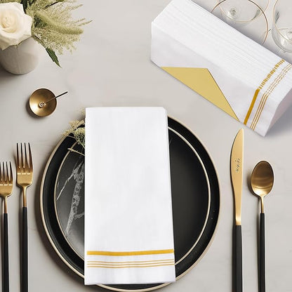 100 Disposable Paper Hand Towels for Bathroom, Linen Feel Guest Towels, Soft and Absorbent Paper Towels Napkins Bulk for Dinner Parties Kitchen Wedding Graduation, 12" x 17"(Gold Trim Lined)