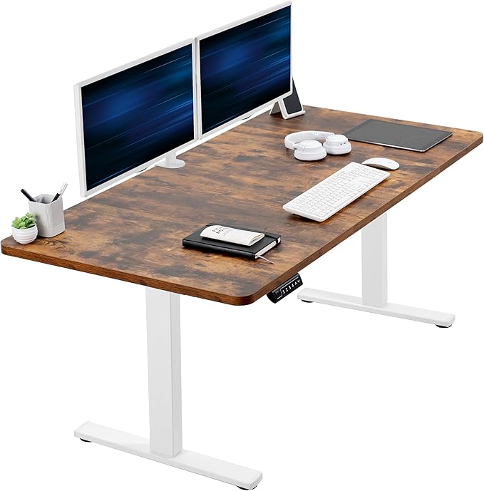 VIVO Electric 60 x 30 in Rustic Standing Desk, Memory Height Adjustment, 1B Series, Vintage Brown Top White Frame, DESK-KIT-1W6N-30
