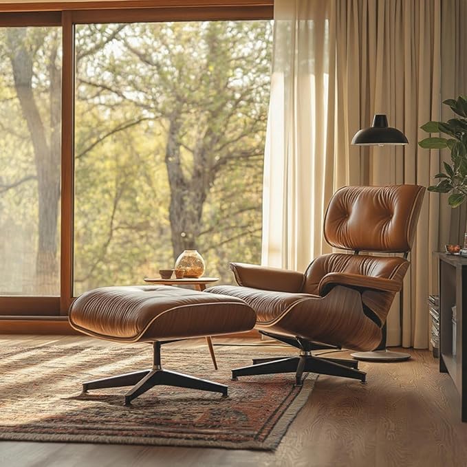 Mid Century Chaise Lounge Chair with Ottoman, Top Black Grain Leather, Modern Office Chair Classic Design, Heavy Duty Base Support for Living Room Study Lounge Office