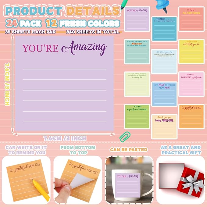 Yinder 24 Pcs Employee Appreciation Sticky Notes Xmas Gift Bulk Motivation Note Pads Mini Inspirational Note Gift for Teacher Nurse Staff Coworker Office Supply 3 x 3'' (Appreciation,Light Color)