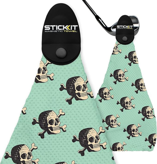 STICKIT Magnetic Seafoam Green Golf Towel with Golf Ball Skulls | Top-Tier Microfiber Golf Towel with Deep Waffle Pockets | Industrial Strength Magnet for Strong Hold to Golf Carts or Clubs