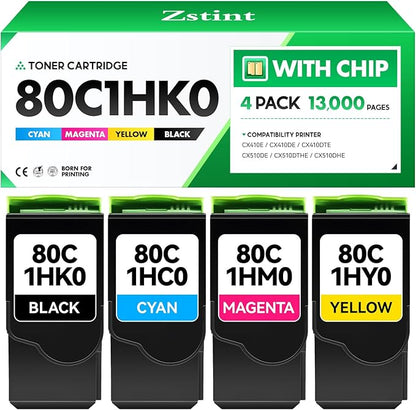 80C1HK0 80C1HC0 80C1HM0 80C1HY0 Toner Cartridge Set 4-Pack Black Cyan Magenta Yellow with chip Replacement Compatible for Lexmark CX410E CX410DE CX410DTE CX510DE CX510DTHE CX510DHE Color Laser Printer