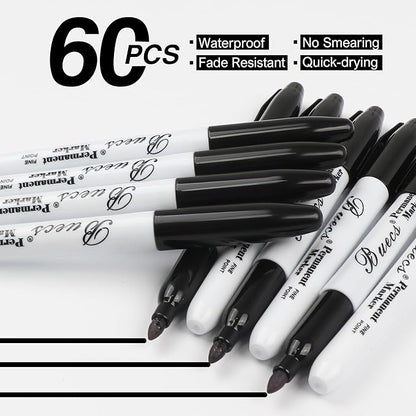 Permanent Markers, 60 Count Black Permanent Markers, Fine Point, Waterproof & Smear Proof Markers, Quick Drying, Office Supplies for School, Office, Home