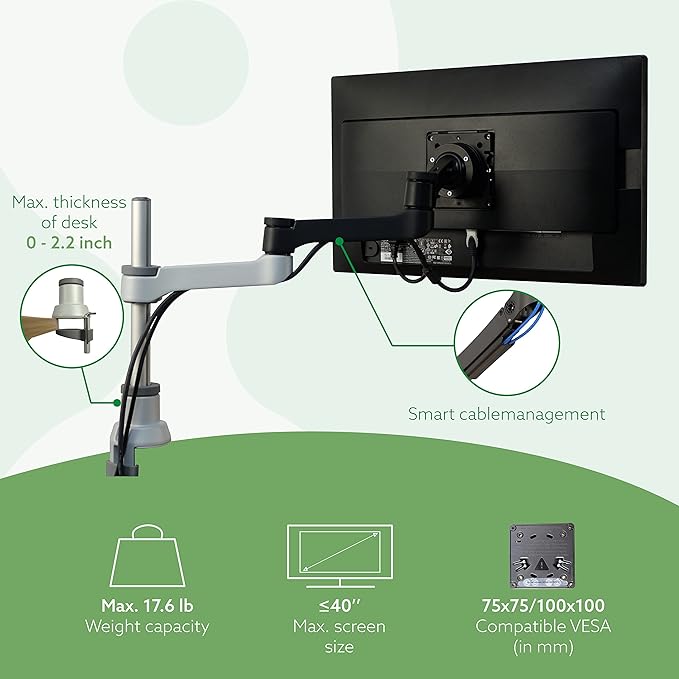 R-Go Zepher Monitor Arm, Single Monitor Desk Mount with Clamp, Adjustable Height & Rotation, Customizable Options for Optimal Ergonomics, up to 32’’Inch Monitors, Weigh max 8KG, Matte silver/black