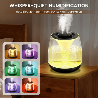 Humidifiers for Bedroom, 3 L Cool Mist Top-Fill 40H Super Long Time, 23dB Quiet, Baby Humidifier, Oil Diffuser for Large Room, Plants, Nursery, Office, Colored lights (black)