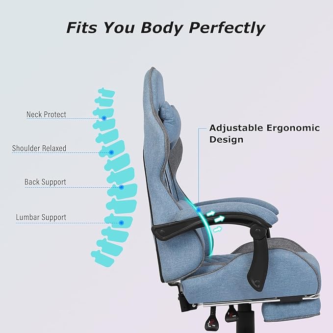 Gaming Chair, Computer Office Chair with Footrest, Linkage Armrests and Lumbar Support, High Back Ergonomic Gamer Chairs for Adults, Blue Fabric