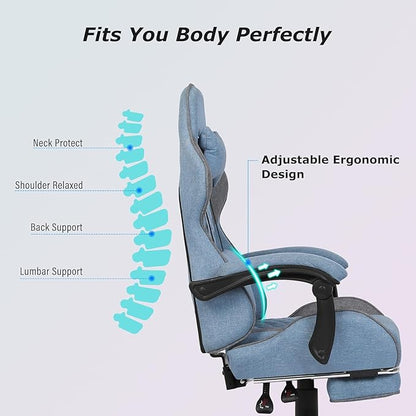 Gaming Chair, Computer Office Chair with Footrest, Linkage Armrests and Lumbar Support, High Back Ergonomic Gamer Chairs for Adults, Blue Fabric