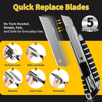 TECKWRAP Utility Knife, Retractable Box Cutter Heavy-Duty Razor Knife for Cardboard, Drywall, Vinyl, Leather, Crafts, Office & Home Use, Quick Change Blade Razor Knife, 2-Pack with 10 Extra Blades
