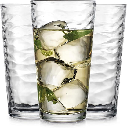 Glaver's Hammered Glass Cups. Cocktail Drinking Glasses Set of 6 Tall Kitchen Glasses, 17 oz Water Glassware For Bar, Juice, Beer, Iced Tea, Everyday Cordial Glasses Drinkware.
