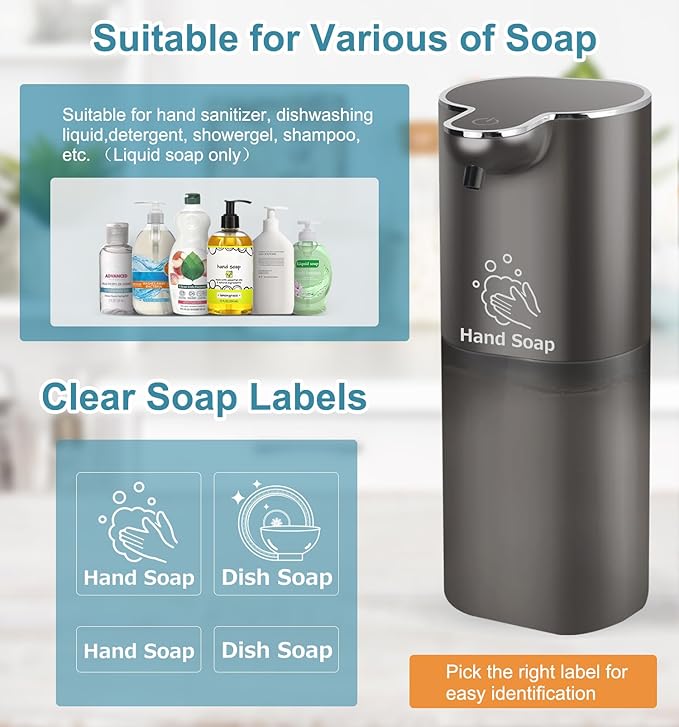 Automatic Liquid Soap Dispenser with 4 Adjustable Volume Control, Touchless Rechargeable Hands Free Auto Soap Dispenser for Kitchen, Bathroom, Hotel, Restaurant,13.5oz/ 400ml