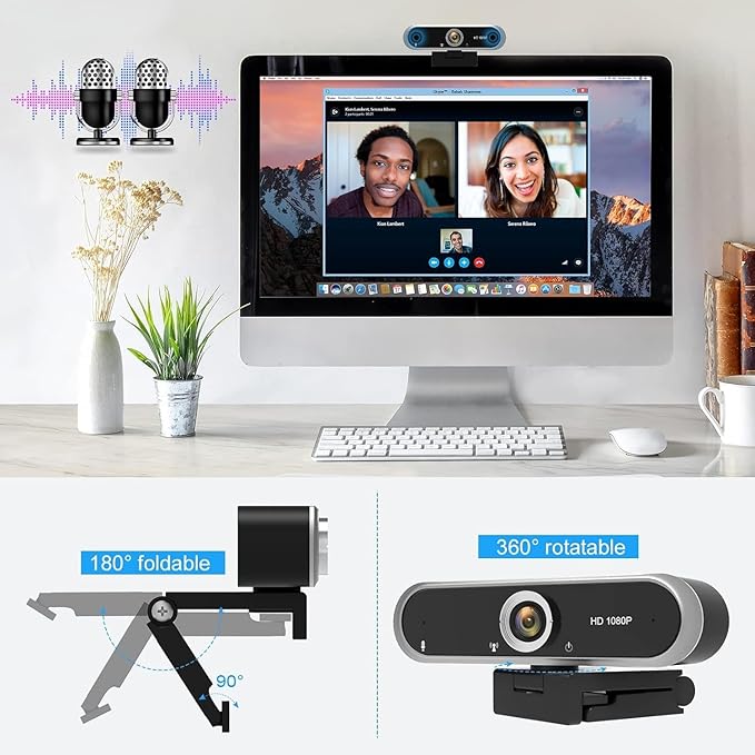 Webcam 1080P with Microphone and Webcam Cover Plug and Play with Auto Light Correction for Laptop PC Desktop for Live Streaming Video Call Conference