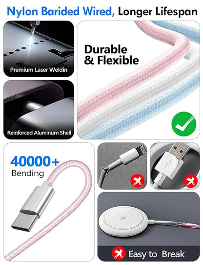 2Pack Multi Charging Cable Cord for Travel Essentials,Apple Watch Charger,iPhone Charger,[3-in-2] Type C/L Cable Portable Designed for iWatch,iPhone 17-8,Galaxy S26-21,AirPods,iPad-4FT Pink