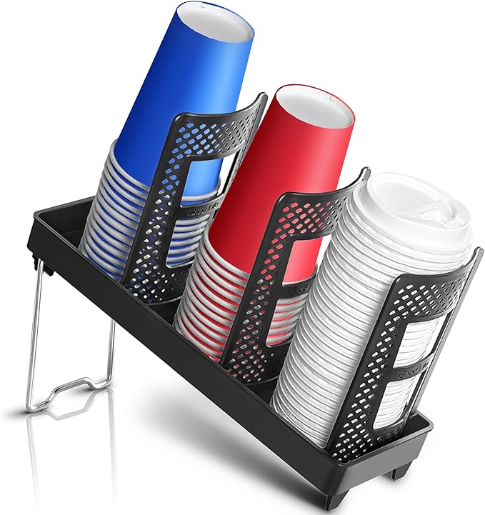 Paper Cup and Lid Holder, Disposable Coffee Cup Dispenser, 3-Slot Upright Paper Cup Dispenser for Coffee Stations, Kitchens, Bars, Restaurants, Lounges (Black)