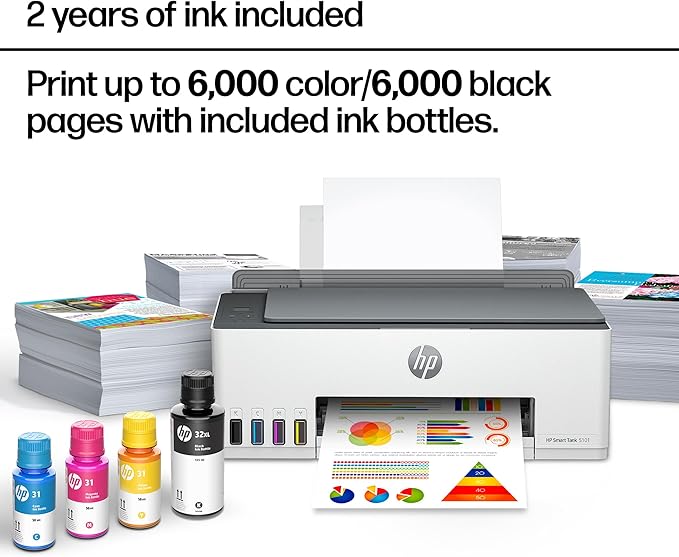 HP Smart Tank 5101 Wireless All-in-One Refillable Ink Tank Printer, Scanner, Copier with 2 years of Ink included, Wireless printer for home use (1F3Y0A)