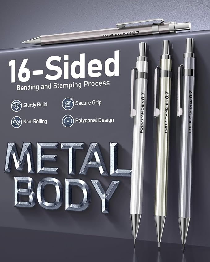 Four Candies 0.7mm Mechanical Pencil Set with Case - 4PCS Metal Mechanical Pencils, 8 Tubes HB #2 Lead Refills, 3PCS 4B Erasers and 9PCS Eraser Refills, Lead Mechanical Pencils for Writing & Drawing
