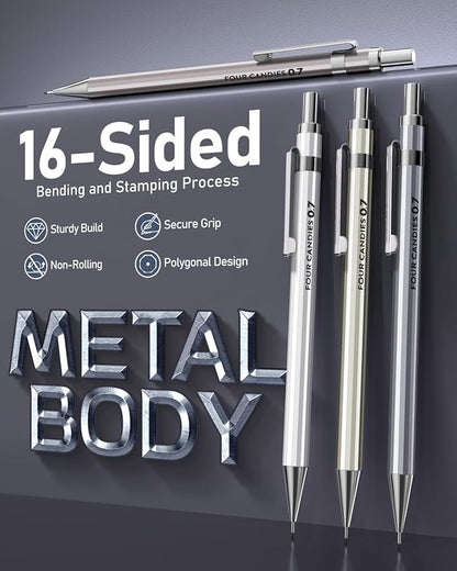 Four Candies 0.7mm Mechanical Pencil Set with Case - 4PCS Metal Mechanical Pencils, 8 Tubes HB #2 Lead Refills, 3PCS 4B Erasers and 9PCS Eraser Refills, Lead Mechanical Pencils for Writing & Drawing