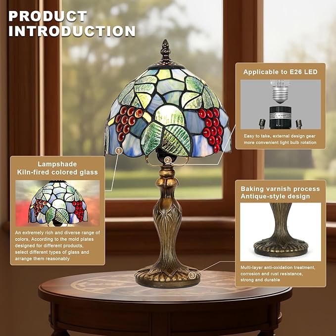 Stained Glass Lamp, Grape Style Table Lamp, 8 Inch Small Antique Lamp, for Bedside Nightstand Bedroom Living Room Home Office
