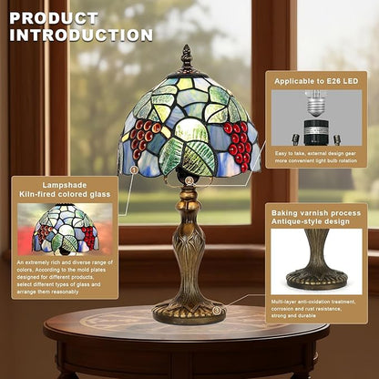 Stained Glass Lamp, Grape Style Table Lamp, 8 Inch Small Antique Lamp, for Bedside Nightstand Bedroom Living Room Home Office
