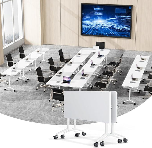 Conference Table, Foldable Conference Room Tables with Silent Wheels, Folding Modular Seminar Meeting Tables, Modern Rectangle Training Table for Office, Boardroom (2, White, 47.2)