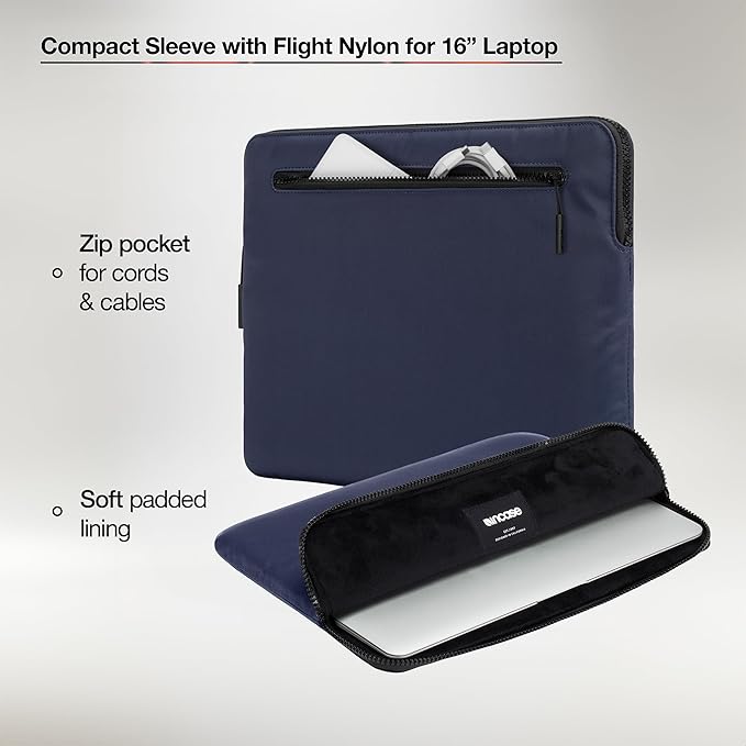 Incase Compact Laptop Sleeve with Flight Nylon - 16 Inch MacBook Pro and Laptop Case – Slim Computer Sleeve with Faux Fur Lining, Front Accessory Pocket with Zipper - Navy