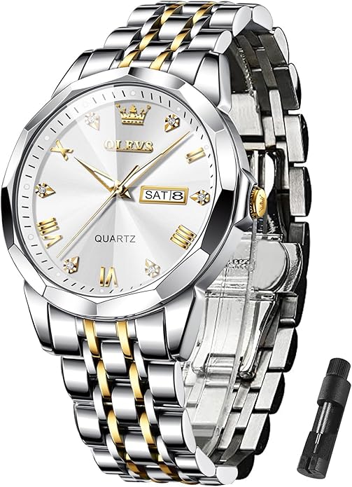 OLEVS Mens Watch Stainless Steel Analog Quartz Watches for Men Day Date Easy Read Diamond Waterproof Dress Luxury Classic Casual Big Face Blue/Black/Gold/Silver Roman Arabic Numerals Men's Wrist Watch