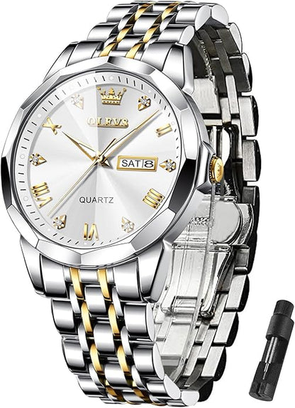 OLEVS Mens Watch Stainless Steel Analog Quartz Watches for Men Day Date Easy Read Diamond Waterproof Dress Luxury Classic Casual Big Face Blue/Black/Gold/Silver Roman Arabic Numerals Men's Wrist Watch