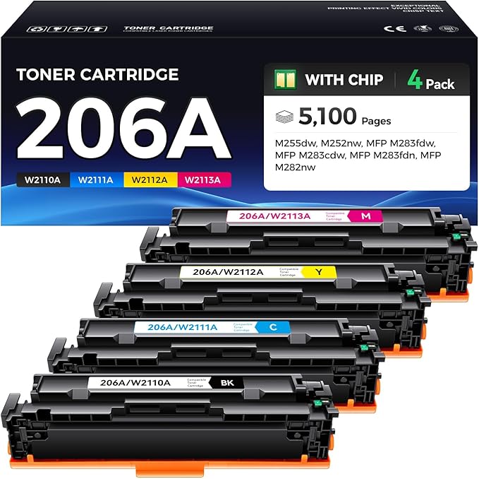 206A Toner Cartridge Set 4-Pack Printer Replacement for HP 206A W2110A W2111A W2112A W2113A Compatible for HP Color LaserJet Pro MFP M283cdw M283fdn M283fdw M282nw M255dw M255nw Ink Black All-in-One