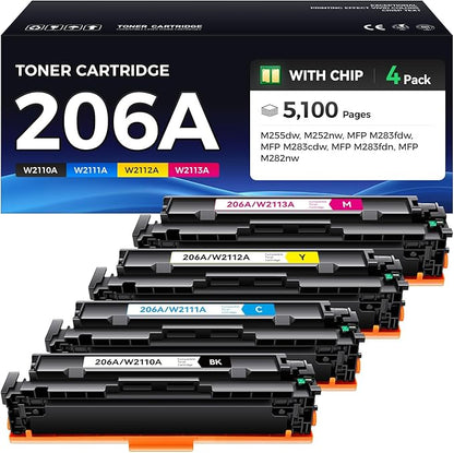 206A Toner Cartridge Set 4-Pack Printer Replacement for HP 206A W2110A W2111A W2112A W2113A Compatible for HP Color LaserJet Pro MFP M283cdw M283fdn M283fdw M282nw M255dw M255nw Ink Black All-in-One