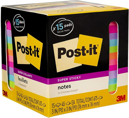 Post-it Super Sticky Notes, Assorted Bright Colors, 3x3 in, 15 Pads/Pack, 45 Sheets/Pad, 2X The Sticking Power, Recyclable, Multi-Color