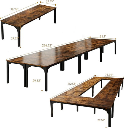 19FT Rectangle Conference Table Brown 22 Person Super Sturdy, Large, Meeting Seminar Table, Long, Business Tables, 6 Pcs